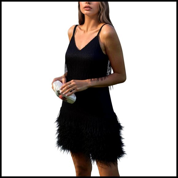 Dresses & Skirts - Sequin Tassel Fringe Mini Dress Retro V Neck Spaghetti Strap Party Elegant